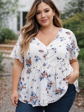 Torrid Floral Babydoll Top Ivory Button Front 2X Plus Size